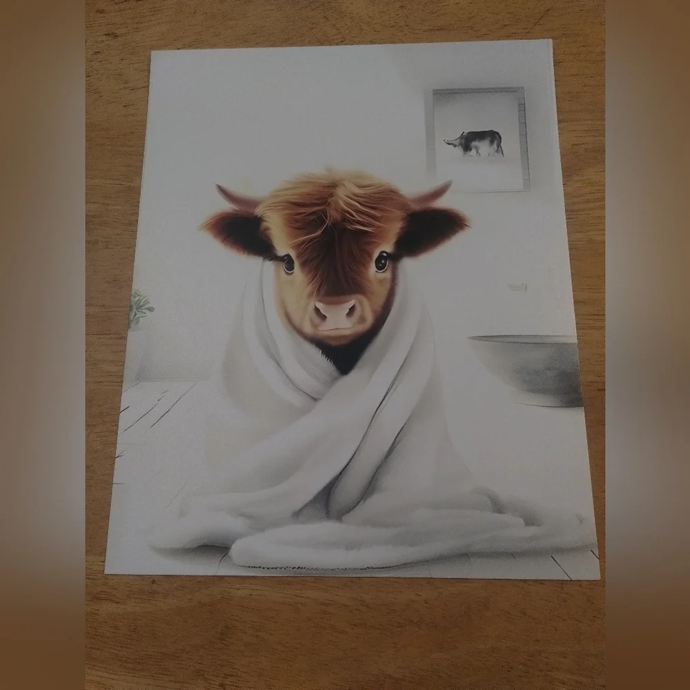 New farmhouse bathroom decor fuzzy cow in a towel